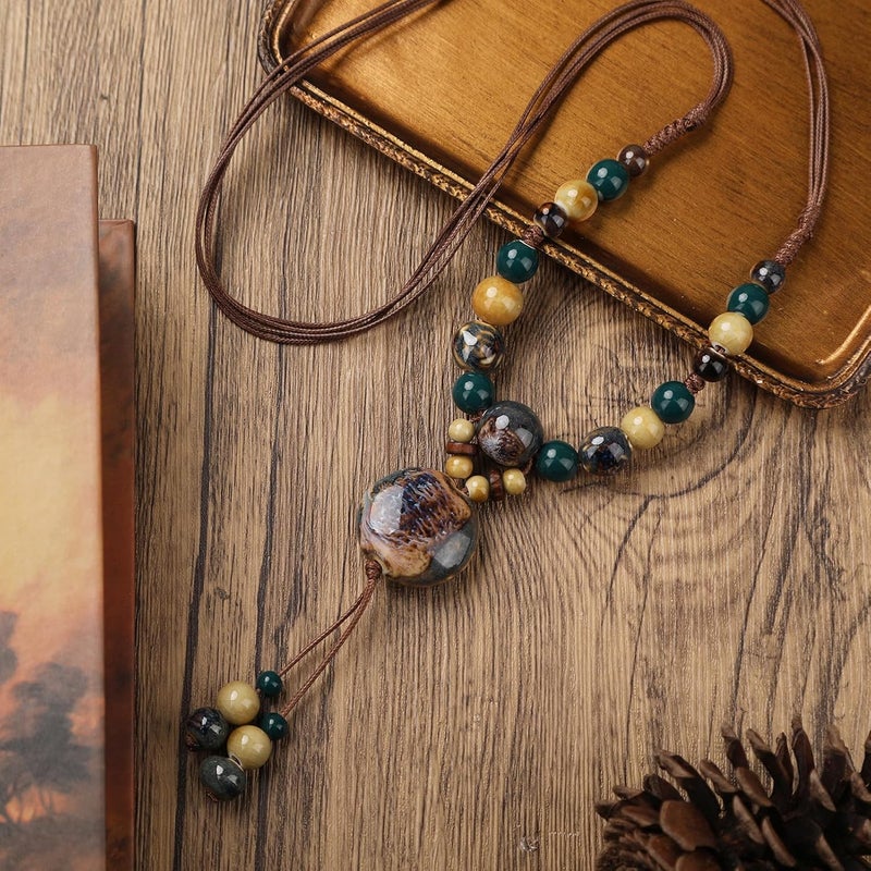 DS Boho Beaded Necklace for Women–Colorful Ceramic & African Tribal Beads, Adjustable Long Chunky Bohemian Jewelry with Gift Box Packaging,Hippie Witchy Vintage Handmade Fashion Statement Necklace - Image 3